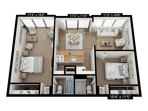 Floor plan for 2 beds, 2 baths, 836 sqft